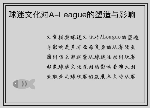 球迷文化对A-League的塑造与影响 球迷文化对A-League的塑造与影响