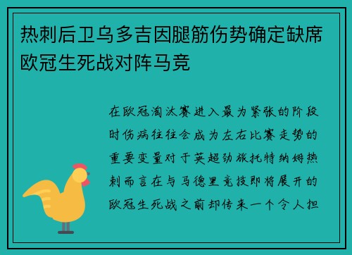 热刺后卫乌多吉因腿筋伤势确定缺席欧冠生死战对阵马竞
