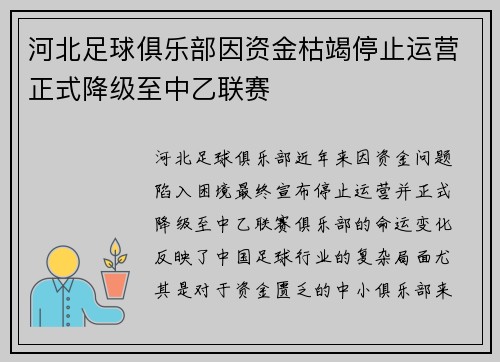 河北足球俱乐部因资金枯竭停止运营正式降级至中乙联赛 河北足球俱乐部因资金枯竭停止运营正式降级至中乙联赛